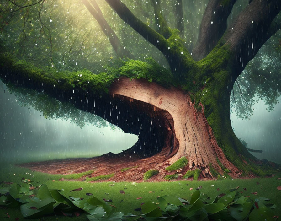 Majestic hollow trunk tree in lush green forest with rain and sunlight