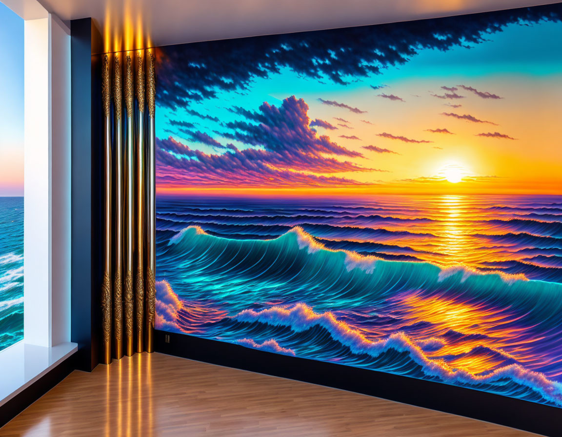 Vivid sunset over ocean waves in a vibrant room with large window