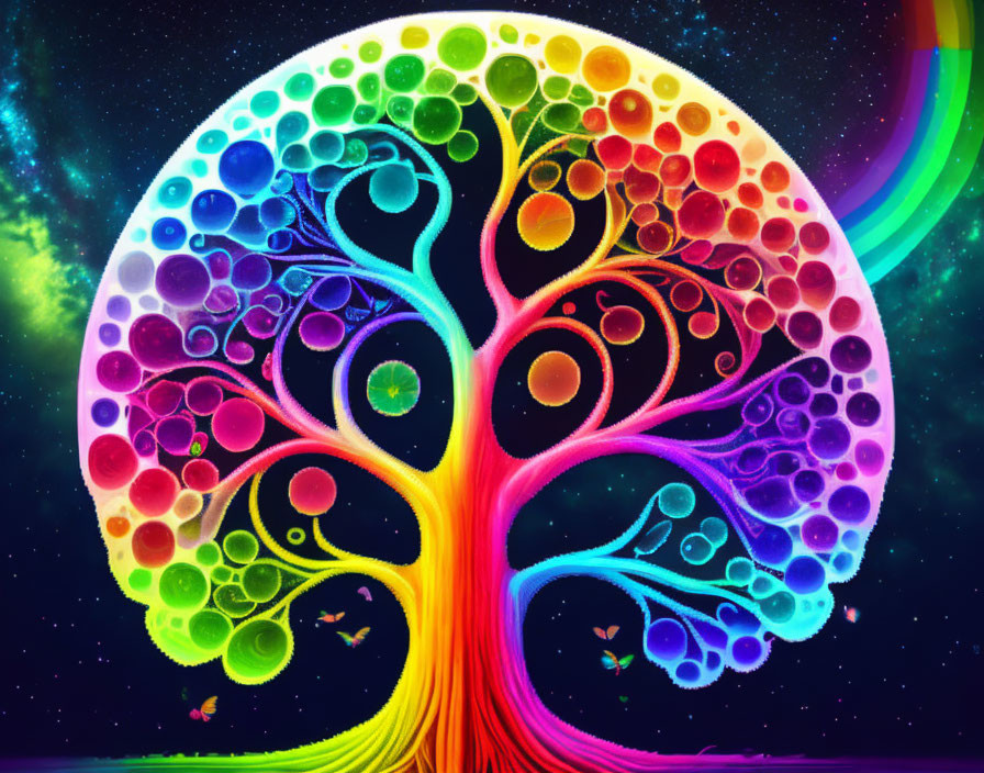 Colorful Digital Artwork: Tree with Multicolored Bubble Canopy under Starry Night Sky