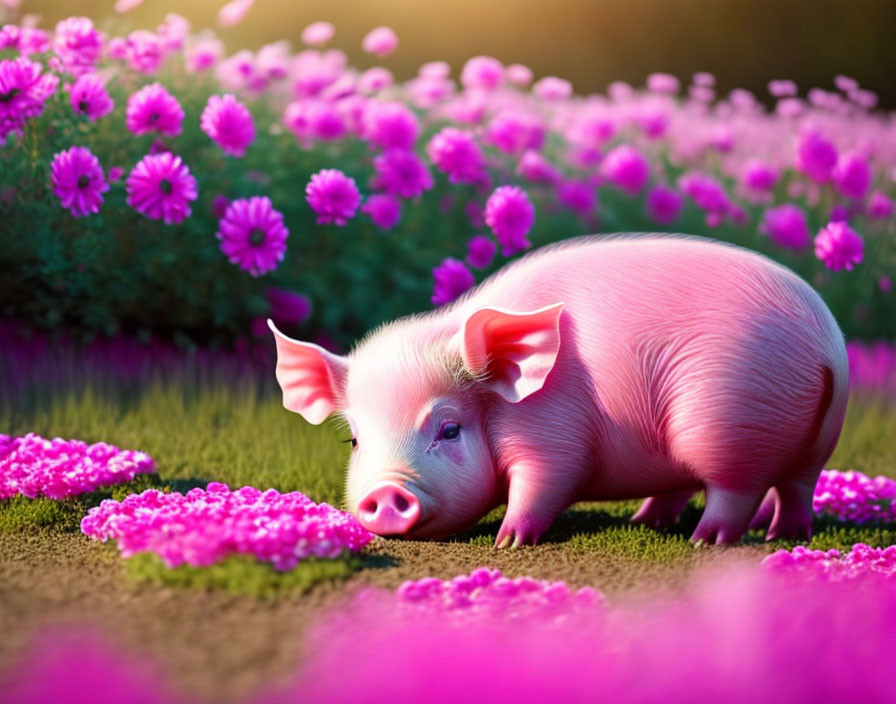 Pink piglet in purple flower field under warm sunlight