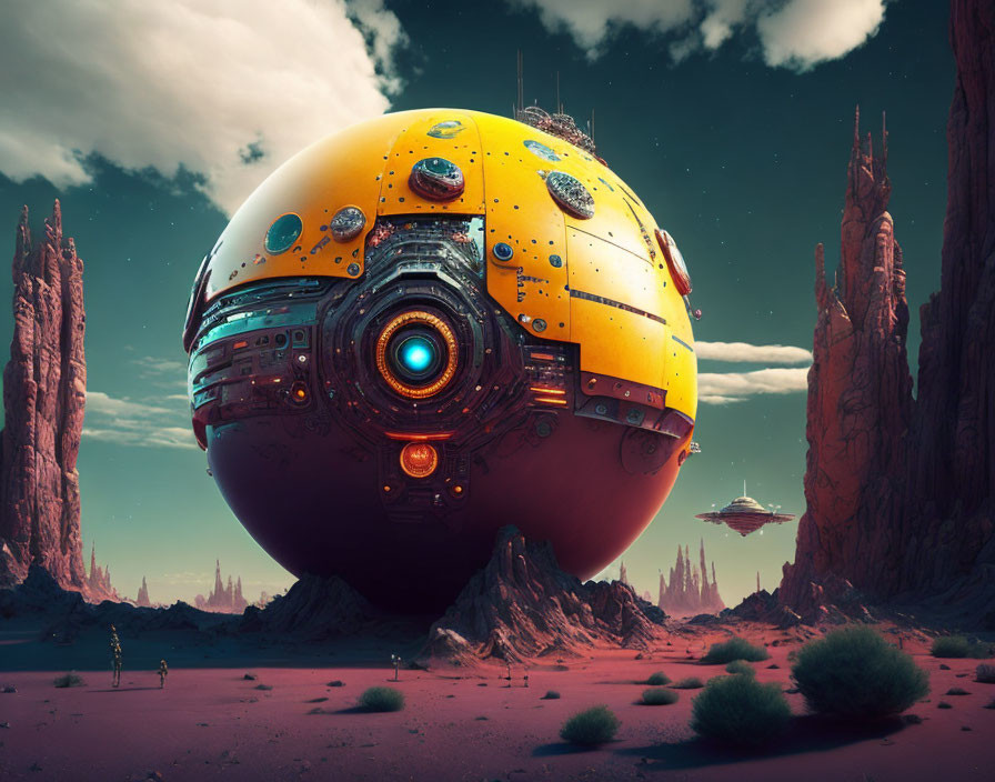 Futuristic spherical structure on alien desert landscape