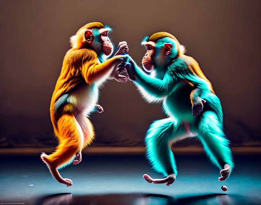 Vibrantly colored monkeys playing with small object