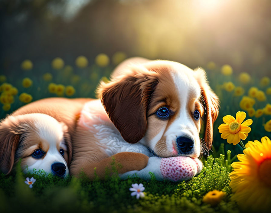 Two Cute Puppies Relaxing in Sunlit Field with Flowers