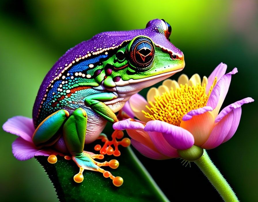 Vibrant colorful frog on pink flower with green background