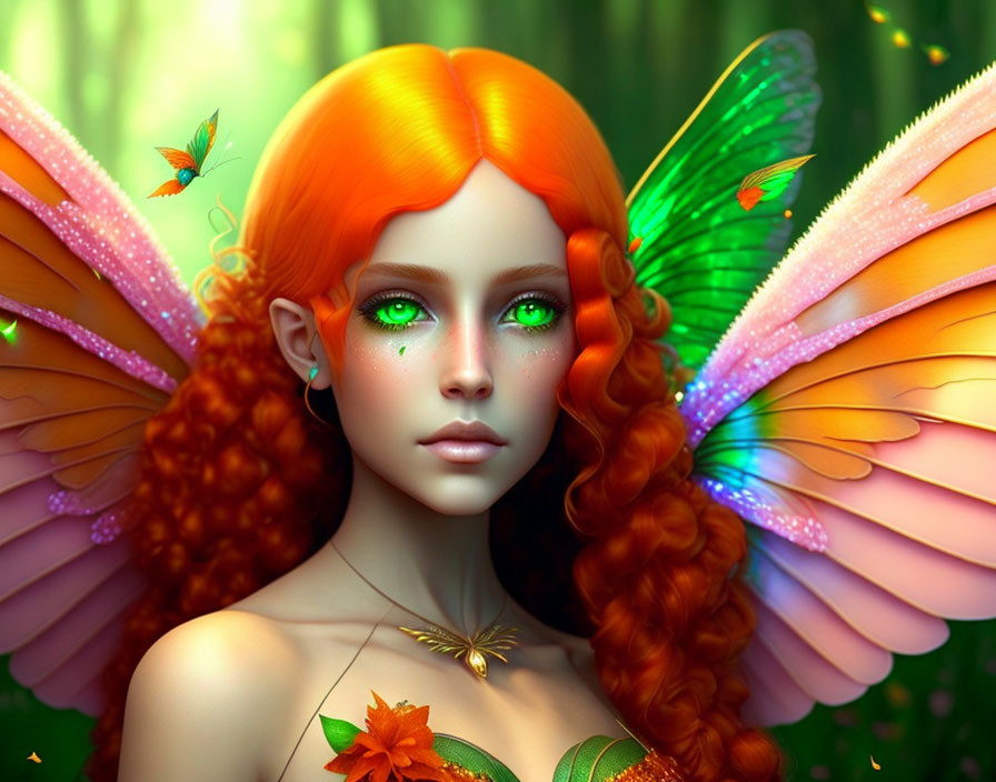 Colorful fairy digital artwork with orange hair and butterfly wings in lush green setting