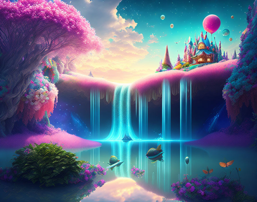 Fantasy landscape with waterfall, trees, islands, castle, bubbles