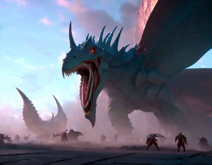 Blue dragon with red eyes roars under dusky sky with armored warriors.