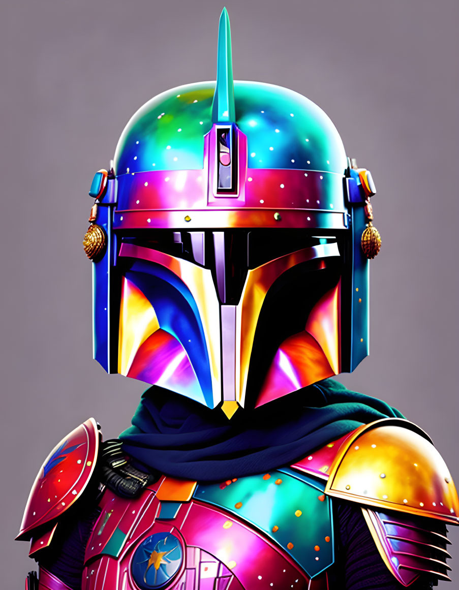 Vibrant rainbow-colored helmeted character against gray background