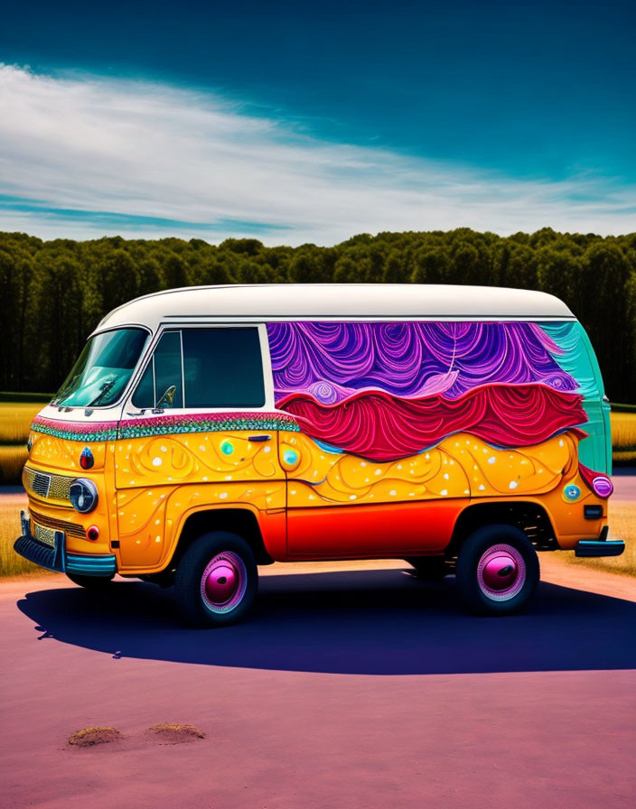 Colorful Vintage Van with Psychedelic Patterns on Pink Surface