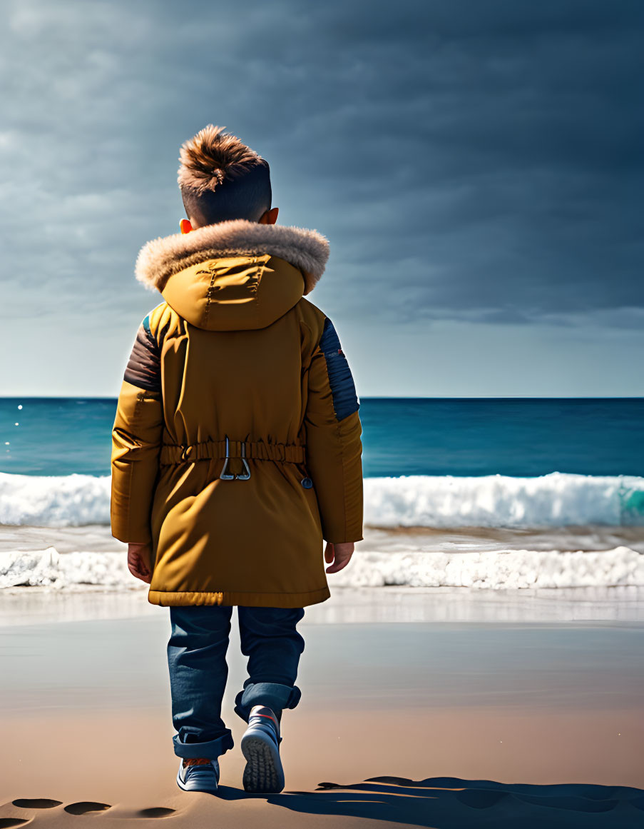 Child with Mohawk Hairstyle in Yellow Coat on Beach Under Cloudy Sky