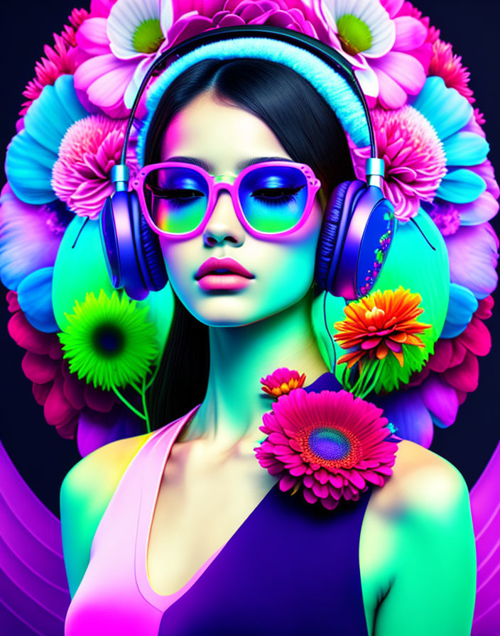 Colorful digital illustration of woman with purple headphones and neon glasses