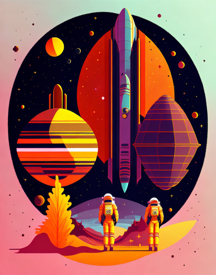 Astronauts on alien landscape with spaceship and stylized planets