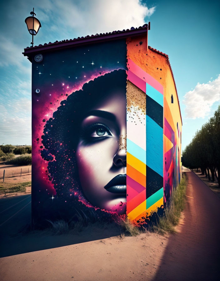 Vibrant mural of woman's face with cosmic elements on geometric building amid rural scene