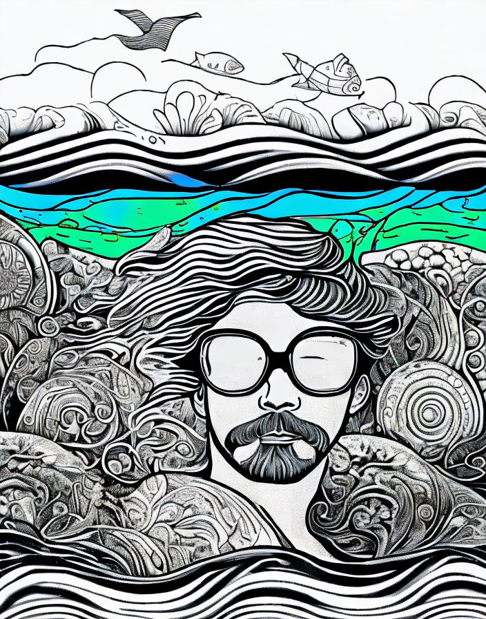 Monochrome illustration of bearded man with glasses merging into waves and colorful sea