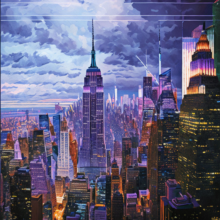 Colorful surreal artwork of New York City skyline with Empire State Building in dreamlike setting