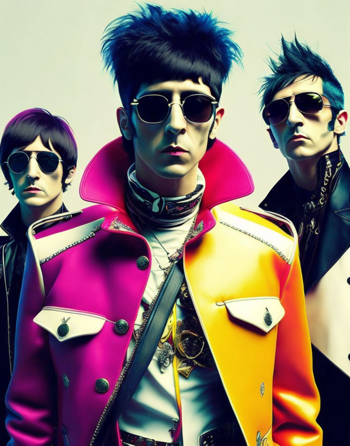 Three individuals with edgy hairstyles and colorful punk fashion and sunglasses.