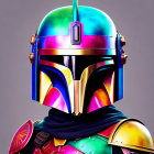 Vibrant rainbow-colored helmeted character against gray background