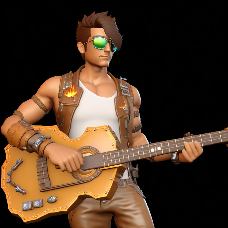 Stylized male character with sunglasses playing flame-decorated guitar