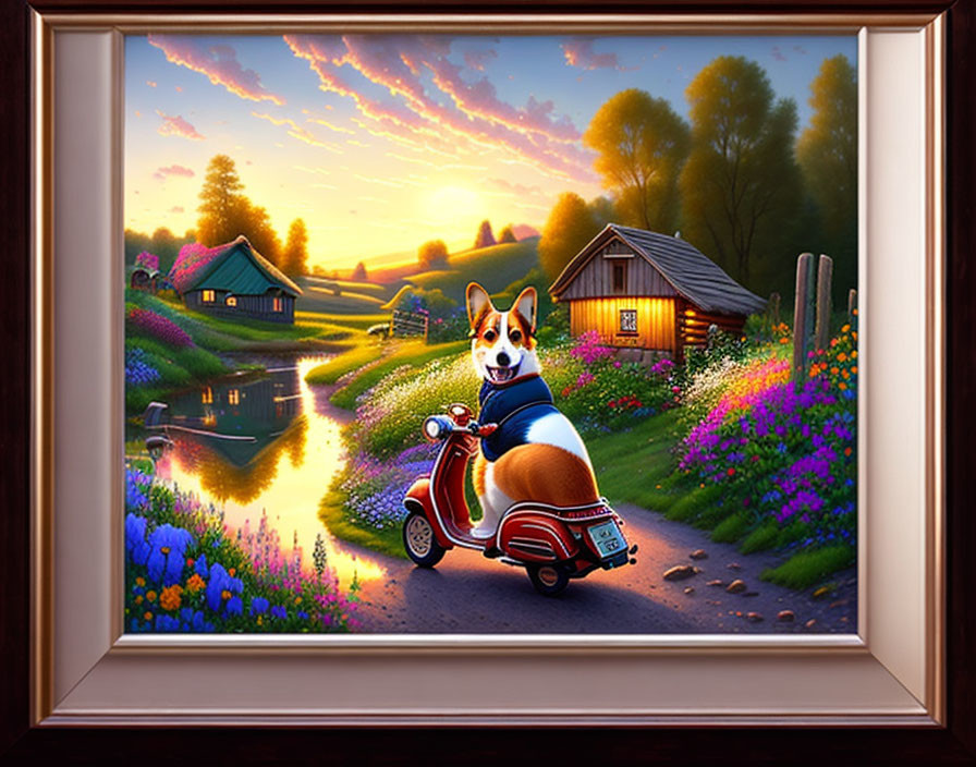 Colorful Corgi on Scooter in Tranquil Countryside Sunset