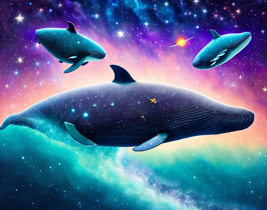 Three whales with starry bodies in vibrant cosmic space with nebulas and stars