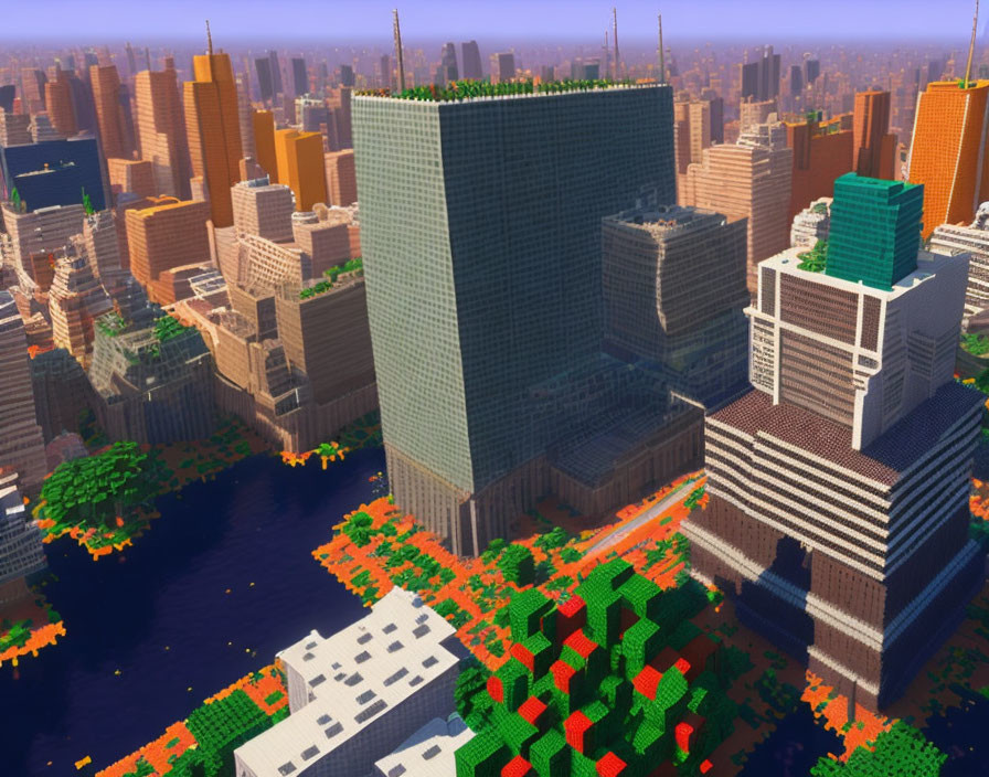 Blocky Minecraft cityscape with skyscrapers, river, and green spaces