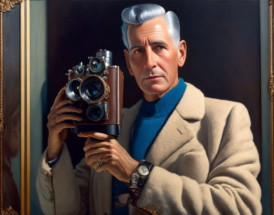 Silver-haired man in blue turtleneck holds vintage camera