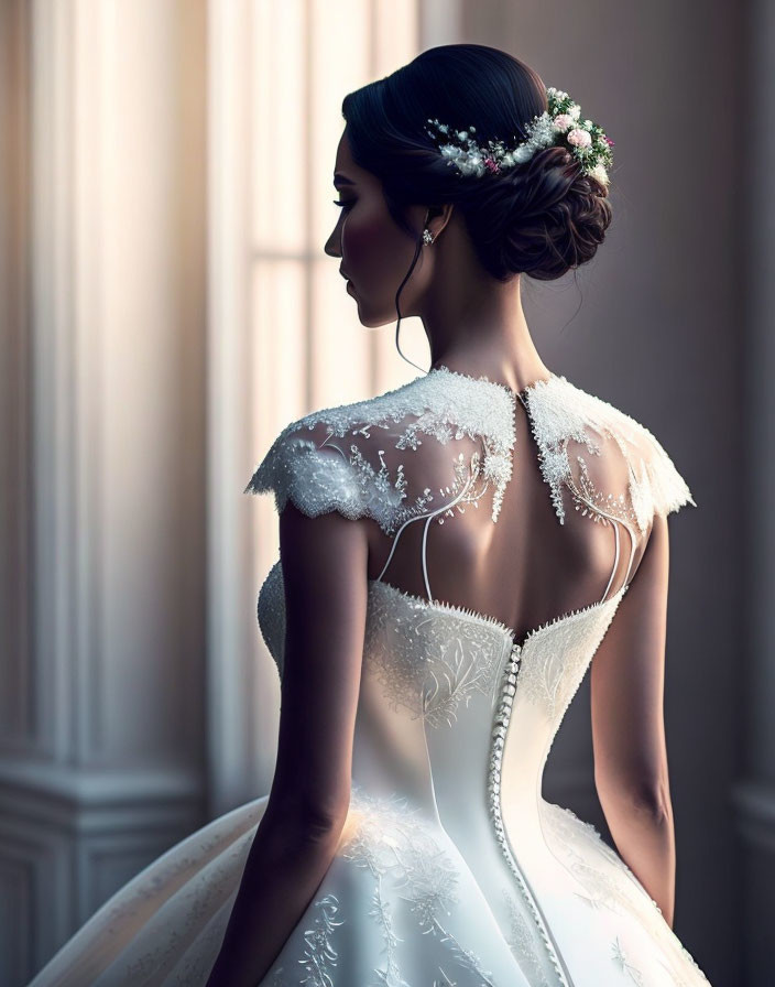 Elegant bride in white dress with lace detailing and floral hair accessories by window