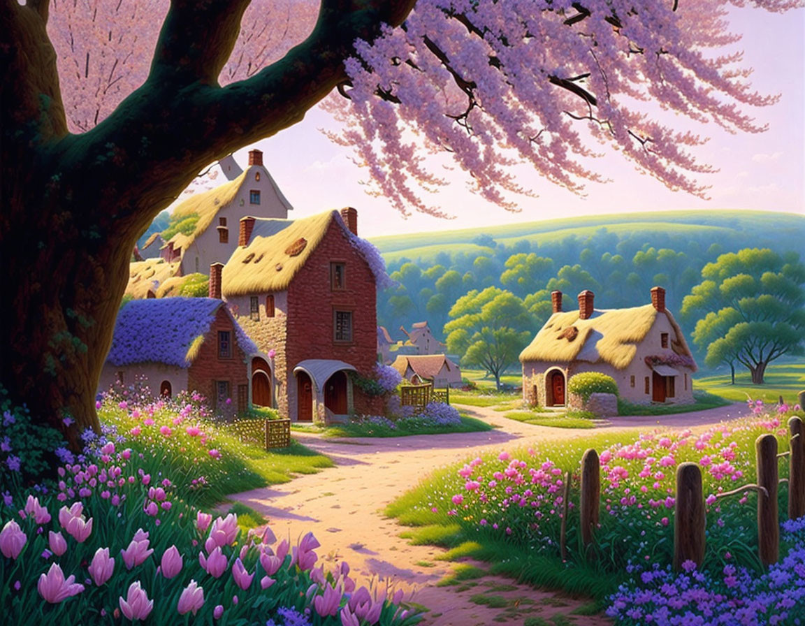 Thatched-roof cottages, flowering tree, tulips, and sunset in idyllic village