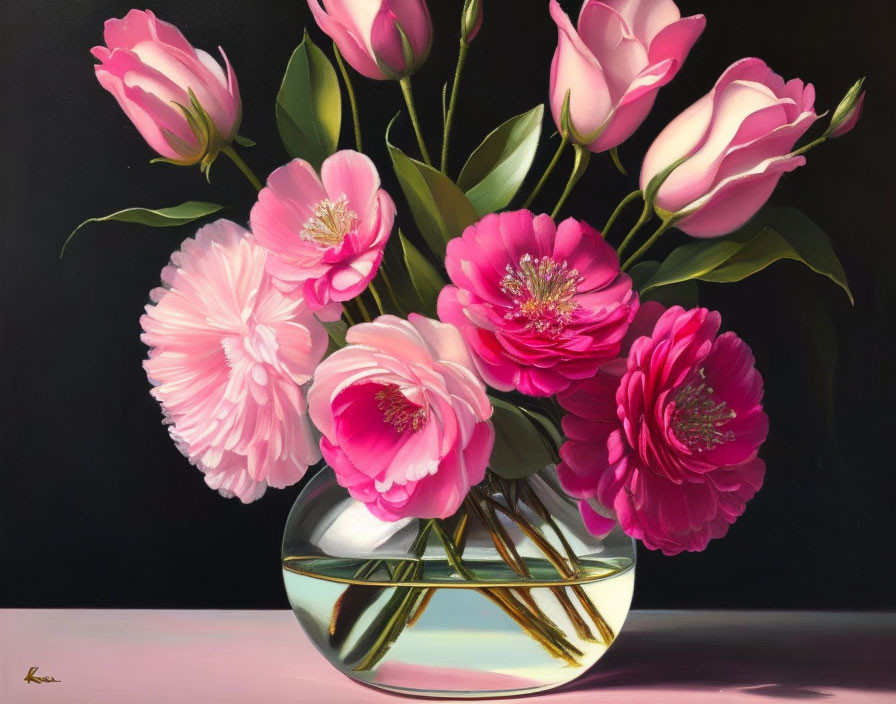 Pink Peonies in Full Bloom Painting on Dark Background