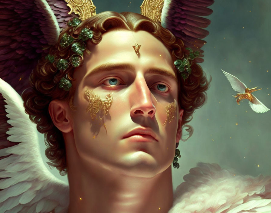 Solemn-faced angel with golden laurels and ivory wings, accompanied by a small bird.