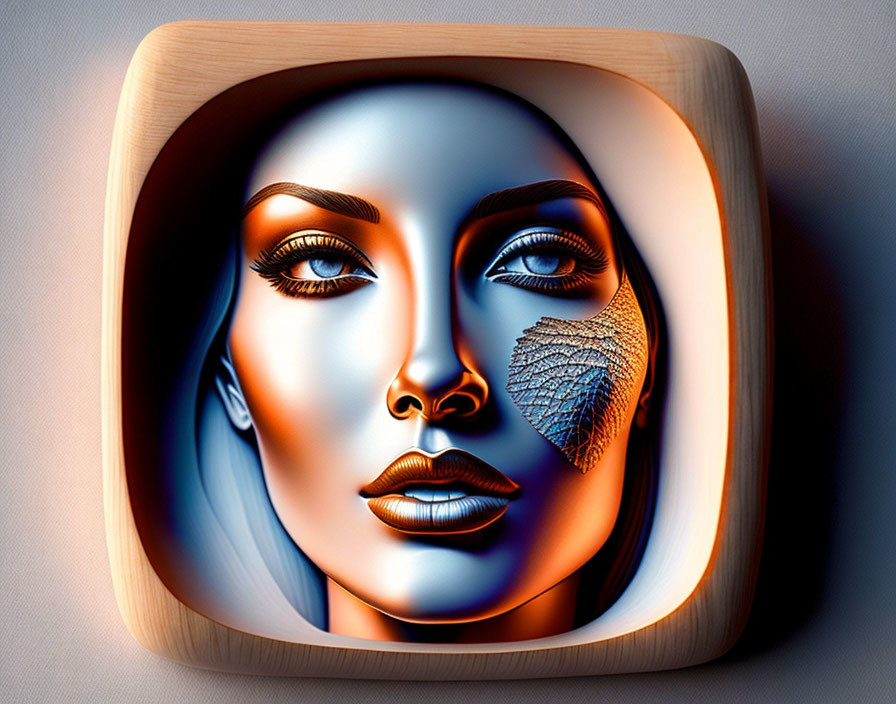 Stylized metallic female face with textured layer in wooden frame