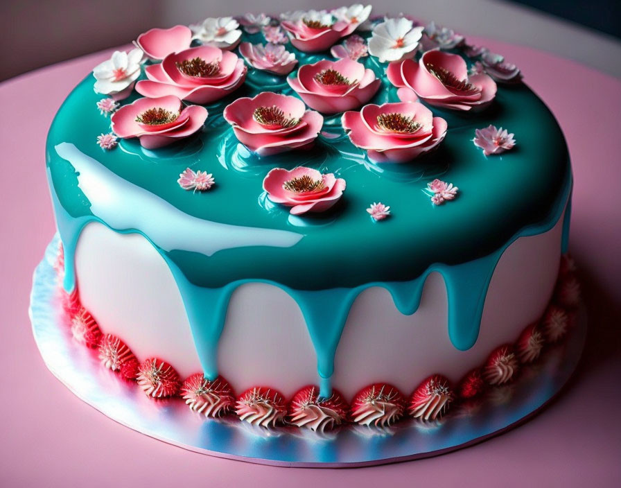 Blue Glossy Cake with White Drips and Sugar Flowers on Pink Surface