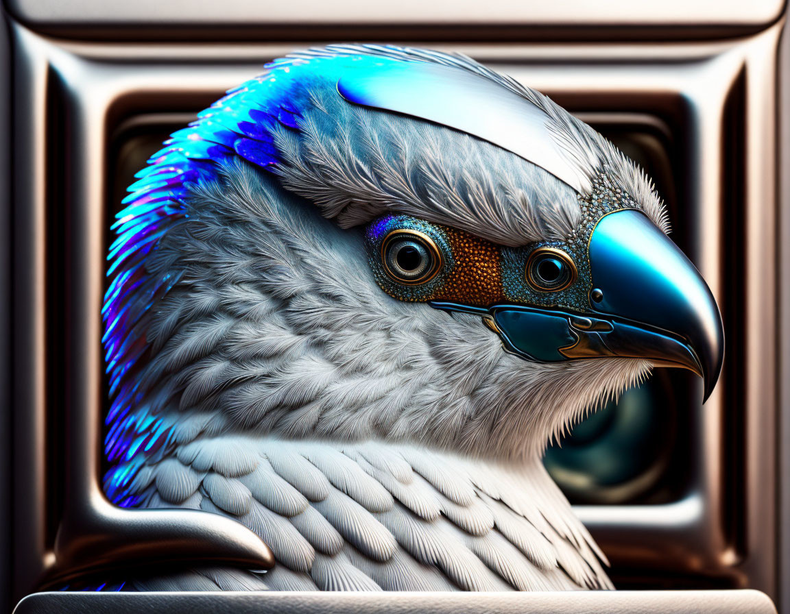 Mechanized bird with iridescent feathers and metallic beak on embossed background