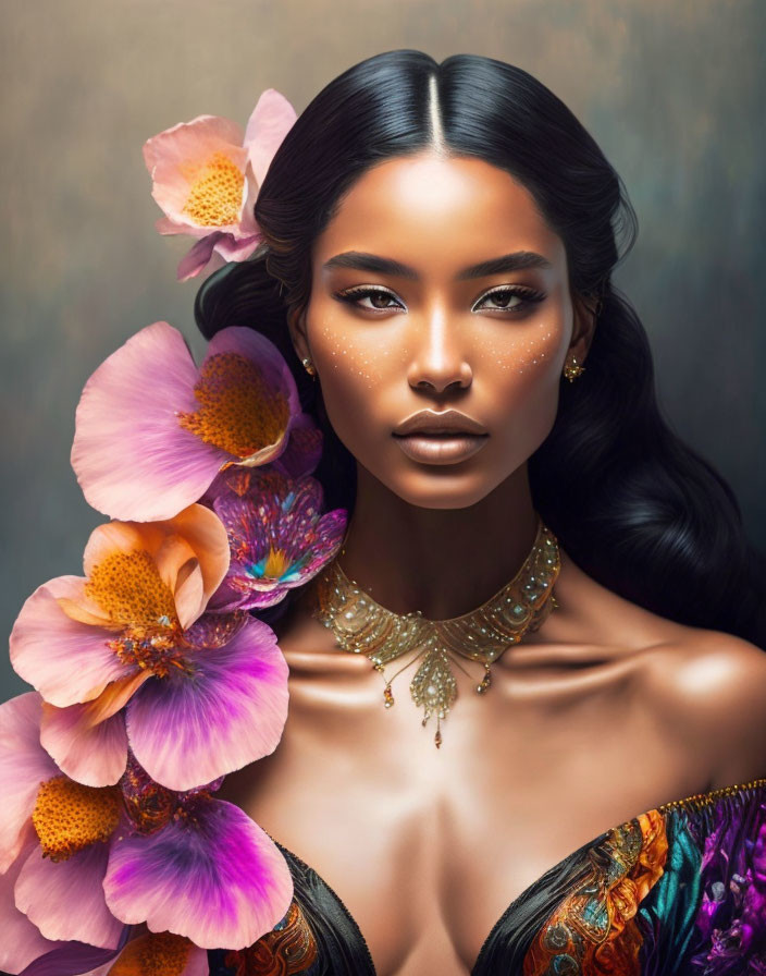 Digital artwork: Woman with gold jewelry and pink flowers