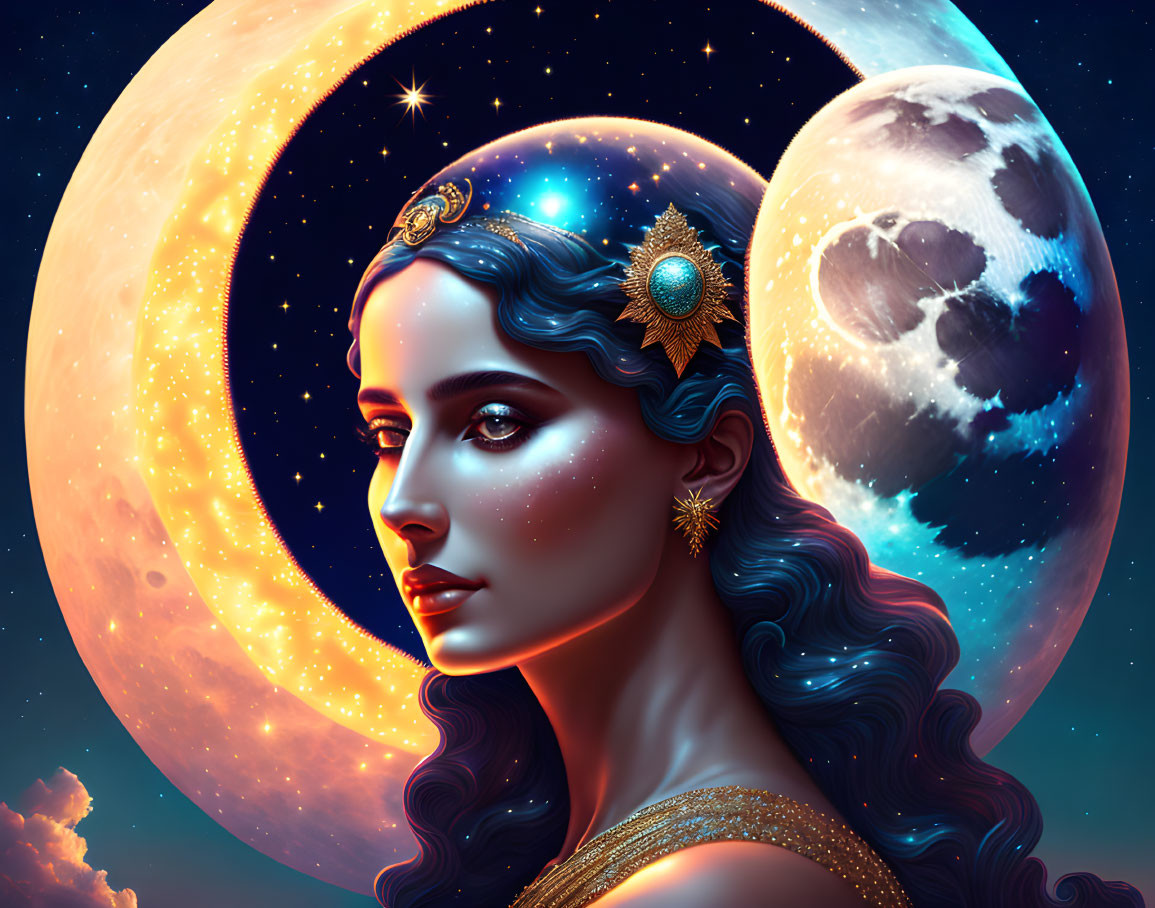 Celestial-themed digital artwork featuring a woman under a glowing crescent moon