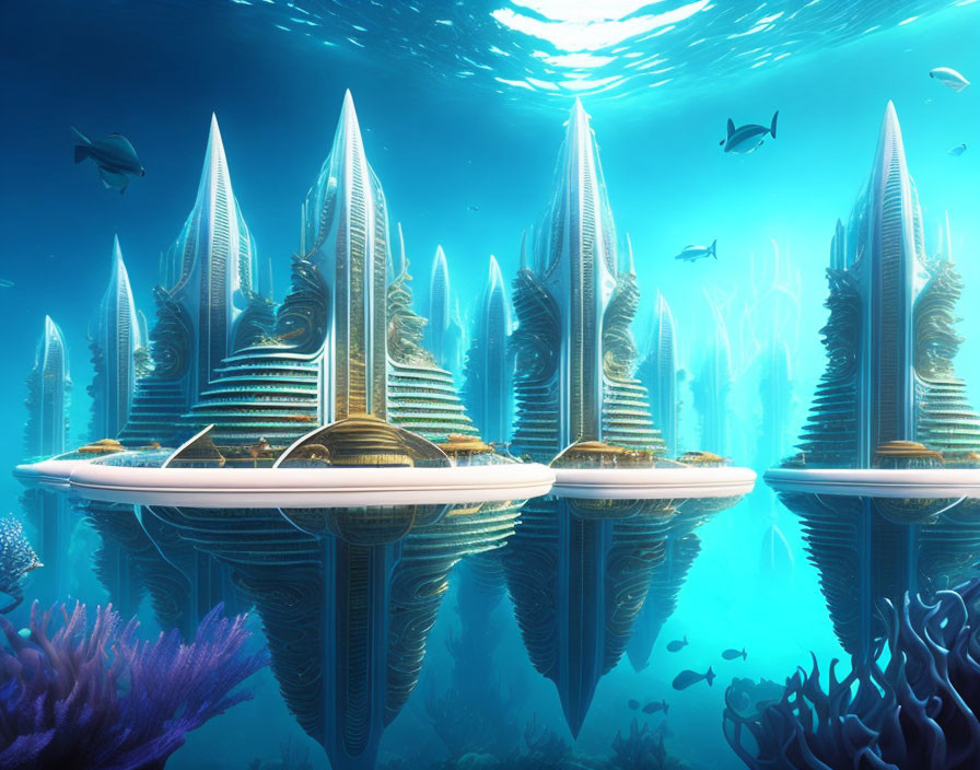 Vibrant underwater city with towering structures amidst fish and coral