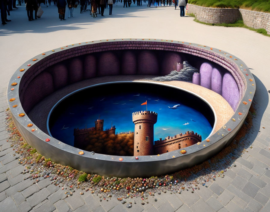 Realistic 3D street art: castle, dragon, and people in circular frame