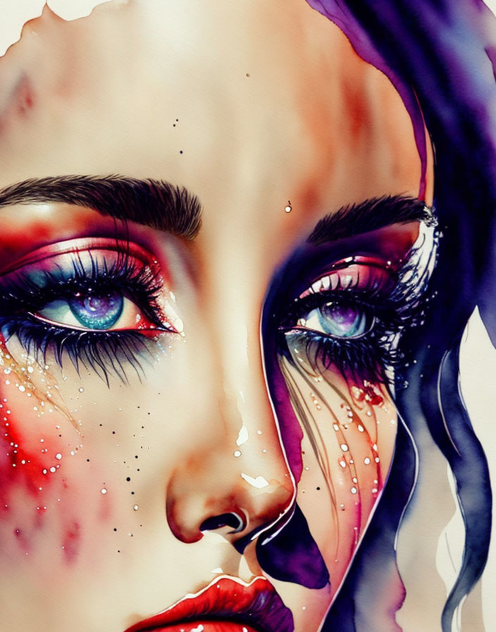 Detailed Watercolor Portrait of Woman's Face with Colorful Makeup