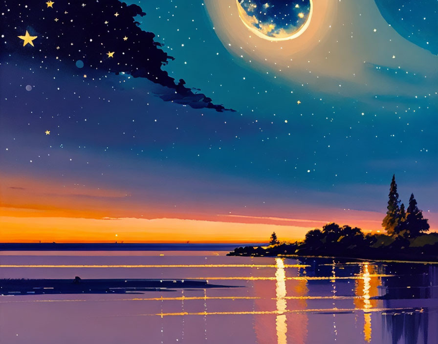 Night Sky Illustration: Crescent Moon, Star, Reflections, Silhouetted Trees