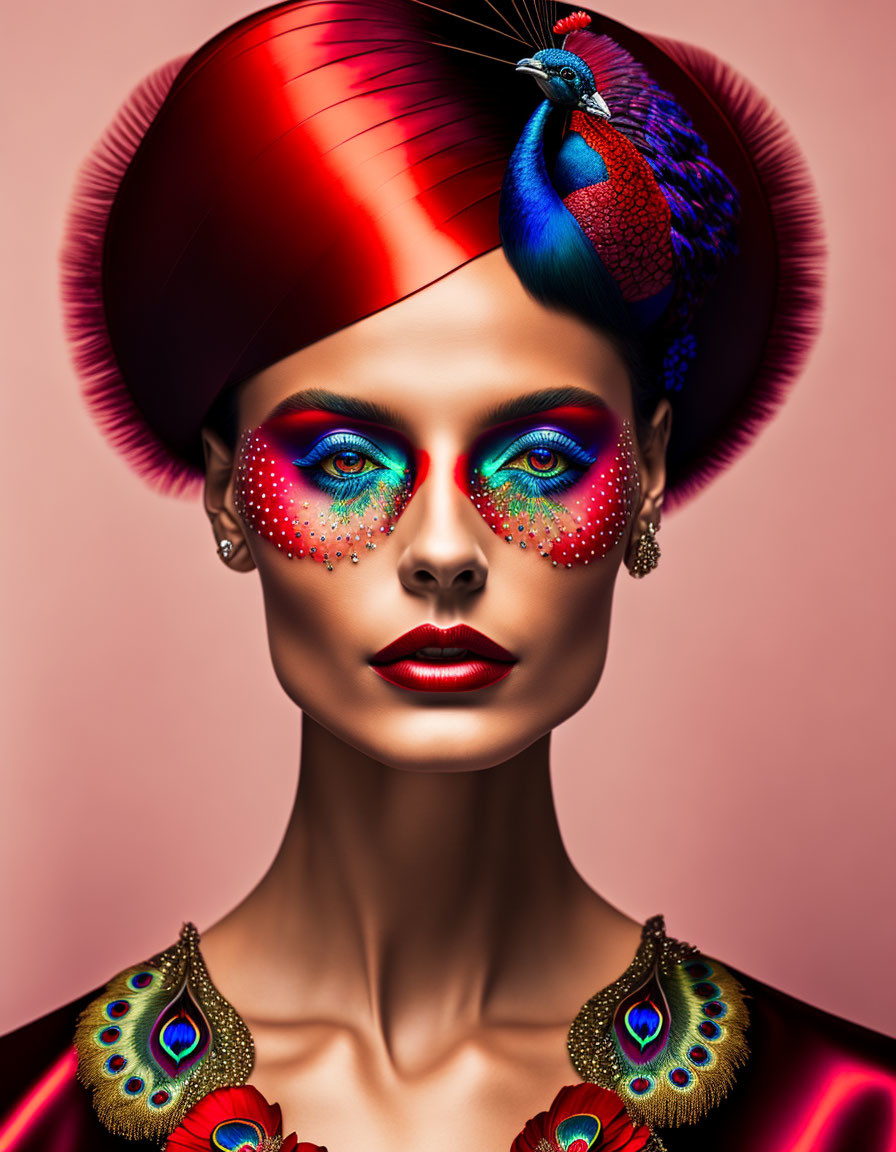 Model showcasing peacock-themed makeup and accessories