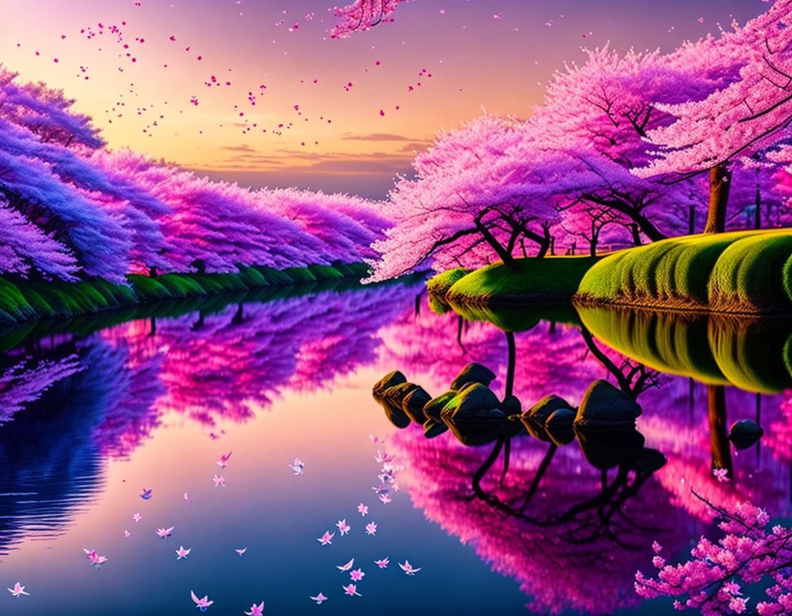 Digital Artwork: Serene River with Cherry Blossoms and Purple Sky