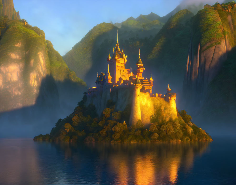 Majestic castle on misty mountain island at dawn