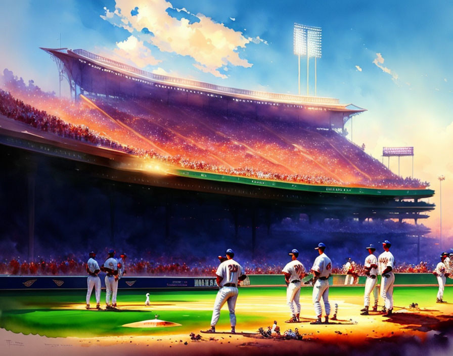 Crowded Baseball Stadium Painting at Sunset or Dawn