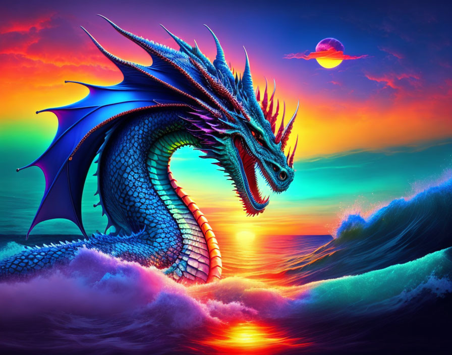 Blue dragon perched on rock at vibrant sunset with crashing waves