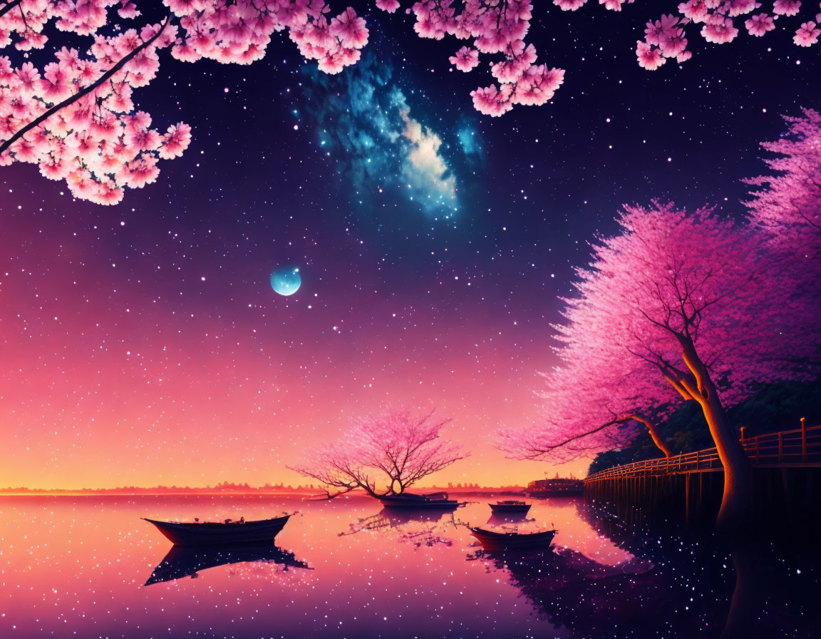 Tranquil Lake with Cherry Blossoms and Milky Way Galaxy View