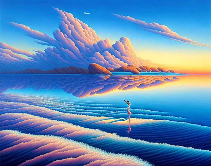 Surreal landscape with rippling waters, ballerina, clouds, and sunset