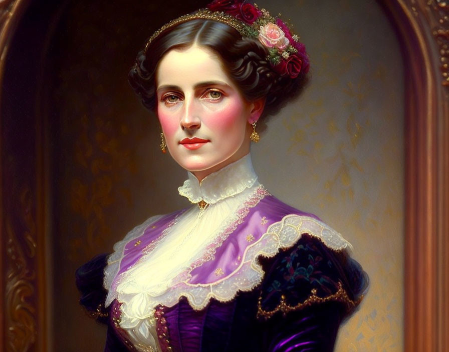 Victorian-era woman portrait in purple dress and floral headpiece