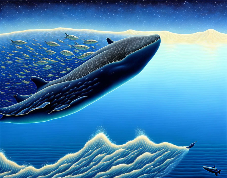 Surreal image of giant whale above fish in stylized ocean