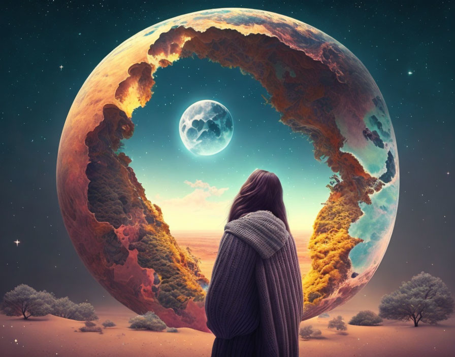 Surreal artwork featuring person and giant hollow earth structure