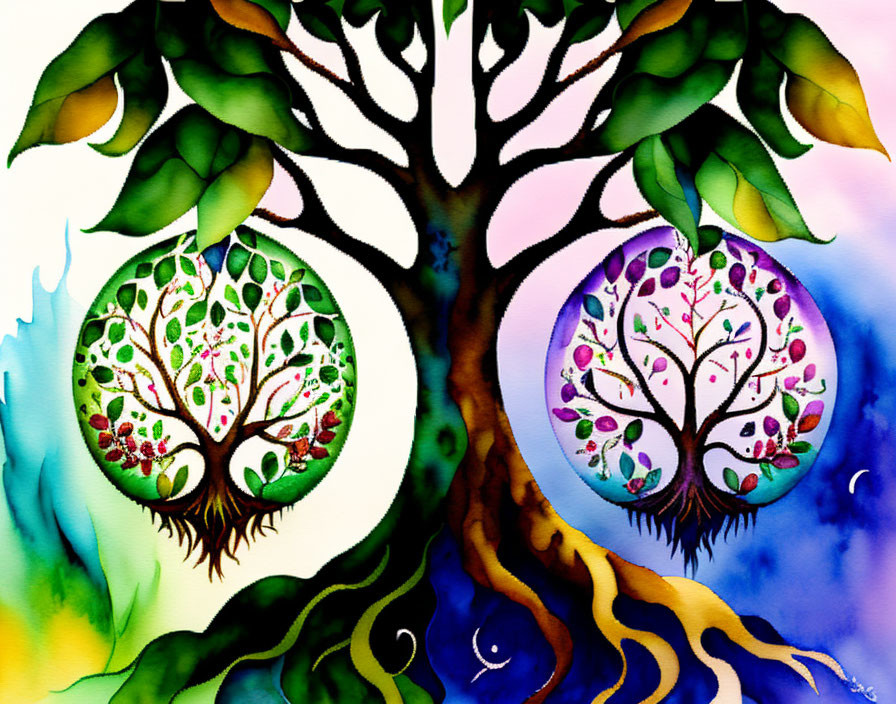 Vibrant watercolor painting of intertwined tree of life symbols on abstract background